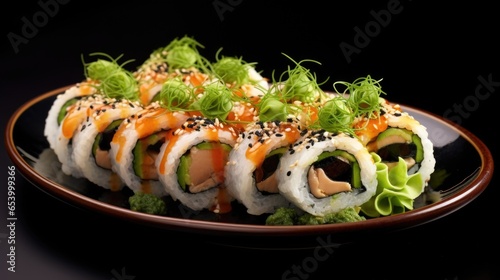 A visually appealing shot displaying a platter of oyster sushi rolls. These unique delicacies feature delicate oysters, delicately nestled within sushi rice and wrapped in nori. The rolls