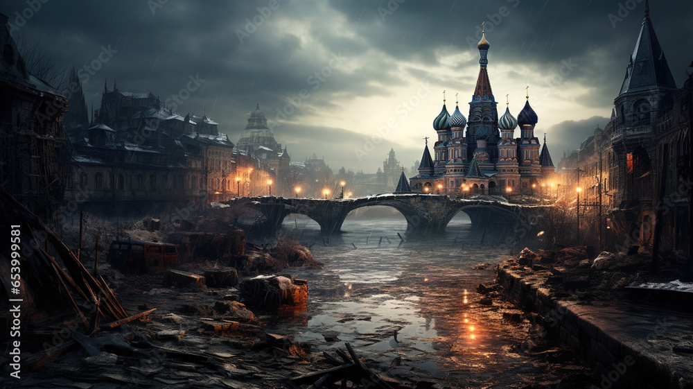 Post apocalypse in destroyed Moscow, apocalyptic fiction scene after world war - obrazy, fototapety, plakaty 