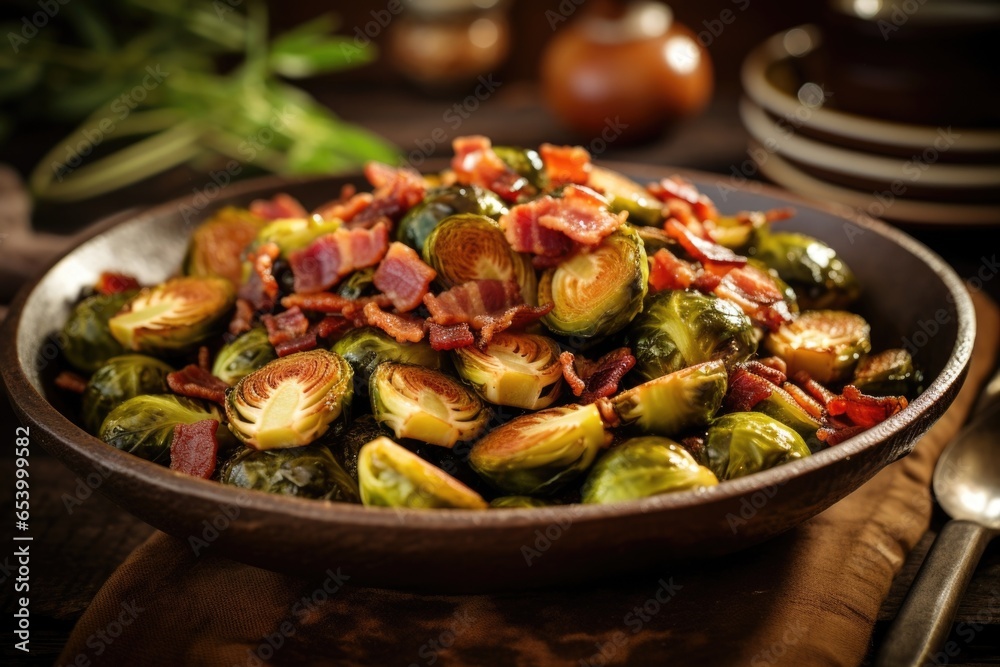 A tempting photograph capturing the flavors of autumn in a dish of roasted Brussels sprouts, dressed in a delicate balsamic glaze and generously sprinkled with crispy bacon bits and finely