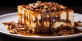 A rich and creamy pecan praline cheesecake, its velvety texture topped with a decadent layer of caramelized pecans and drizzled with a luscious caramel sauce.