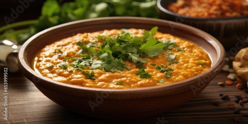 A zoomedin shot showcases a bowl of bright red lentil curry, b with tender lentils cooked in a luscious coconut milkbased sauce. The vibrant curry is topped with a sprinkle of fresh cilantro