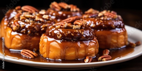 A plate of warm, ery pecan sticky buns, each one oozing with a gooey caramel glaze and studded with crunchy pecan pieces, perfect for a decadent breakfast or brunch.