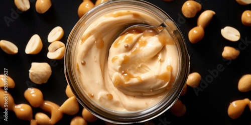 An overhead shot portraying a rich  velvety macadamia nut er swirling in a glass jar  showcasing its creamy consistency and the potential to be spread on toast or used as a versatile ingredient.