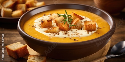 This picturesque image showcases a rustic bowl of creamy pumpkin soup, beautifully garnished with a swirl of Greek yogurt, crispy croutons, and a sprinkle of flaxseeds, elevating this classic