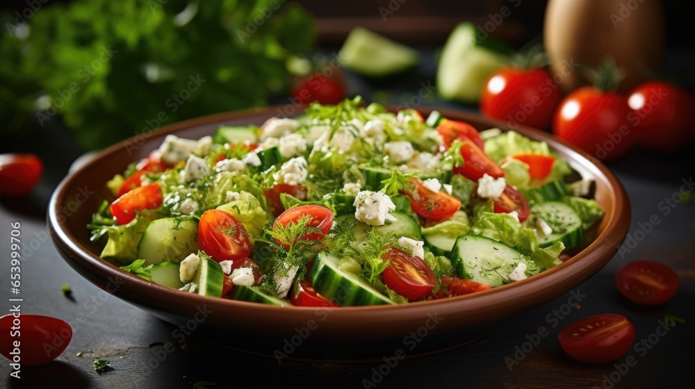 A wholesome salad captures the essence of summer by combining diced cucumbers, juicy cherry tomatoes, and crisp lettuce. The cucumbers provide a refreshing and crunchy element, perfectly