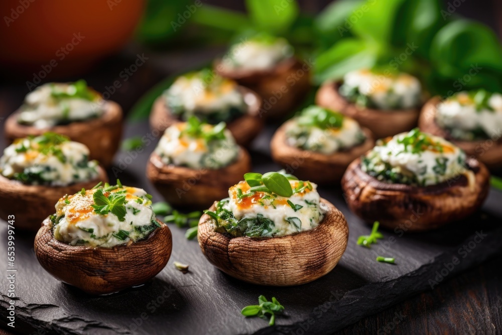 A delightful appetizer features bitesized spinach and ricottastuffed mushrooms. The tender spinach leaves mingle with creamy ricotta cheese, creating a luscious filling that complements A delightful appetizer features bitesized spinach and ricottastuffed mushrooms. The tender spinach leaves mingle with creamy ricotta cheese, creating a luscious filling that complements