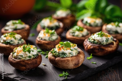A delightful appetizer features bitesized spinach and ricottastuffed mushrooms. The tender spinach leaves mingle with creamy ricotta cheese, creating a luscious filling that complements
