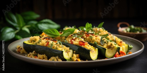 An enticing food shot captures a plate of zucchini stuffed with a vibrant mixture of couscous  roasted vegetables  and aromatic herbs  baked to perfection and garnished with a sprinkle of