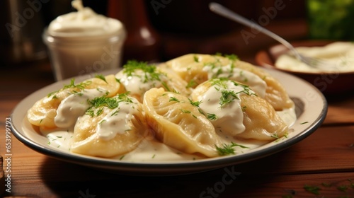 This image captures a plate of delightful potato and cheese pierogies. These Polish dumplings are boiled to perfection, boasting a delicate dough that generously envelopes a delectable filling