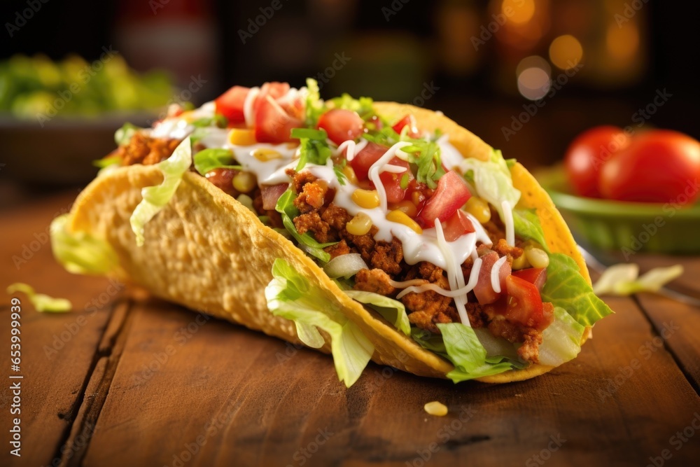 In this shot, a crunchy hard shell taco is expertly filled with a zesty mix of diced chicken marinated in a blend of es, fresh lettuce, juicy diced tomatoes, and creamy, melted Monterey - obrazy, fototapety, plakaty 