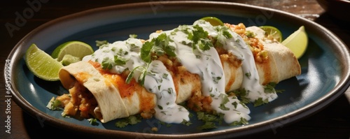 From a birds eye view, a trio of enchiladas suizas gratinated to perfection invites an unrivaled feast for the senses. Each enchilada reveals a generous filling of tender, slowroasted pork, photo