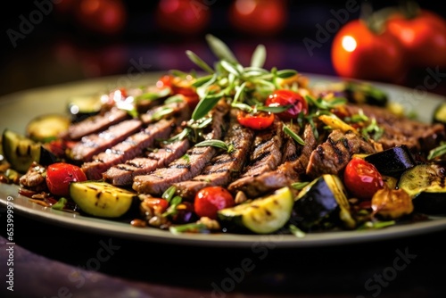 A culinary masterpiece, this lively image captures flamegrilled strips of seasoned lamb, paired with beautifully charred slices of eggplant, zucchini, and juicy cherry tomatoes, offering