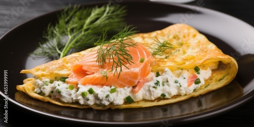 This elegantly presented omelette showcases a vibrant combination of smoked salmon, creamy goat cheese, and fresh dill. The velvety texture of the salmon perfectly balances the tangy notes