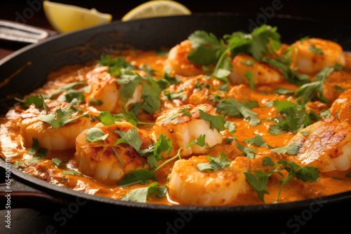 This seafoodinspired twist on Tikka Masala boasts a mix of tender fish fillets and plump scallops submerged in a luxurious sauce enriched with tangy lemon, fragrant cilantro, and a delicate