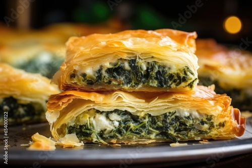 A tantalizing shot, focusing on a hotoutoftheoven Spanakopita, its crust glistening with melted er, providing a hint of the savory explosion that awaits within the perfectly cooked spinach photo