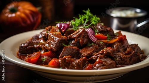 This closeup shot allows the viewer to appreciate the intricate layers of flavors within a serving of goulash. The velvety, deepred sauce clings to each succulent piece of beef, while the