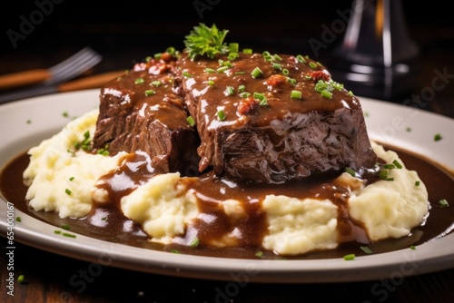 This tantalizing shot captures a plate of sauerbraten  accompanied by a side of velvety mashed potatoes infused with hints of nutmeg. The creamy  ery mashed potatoes provide the perfect