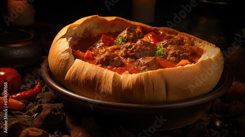 In this tantalizing image, goulash is nestled in a crusty bread bowl, making for a hearty and visually stunning presentation. The rich, tomatoinfused gravy seeps into the bread, resulting photo