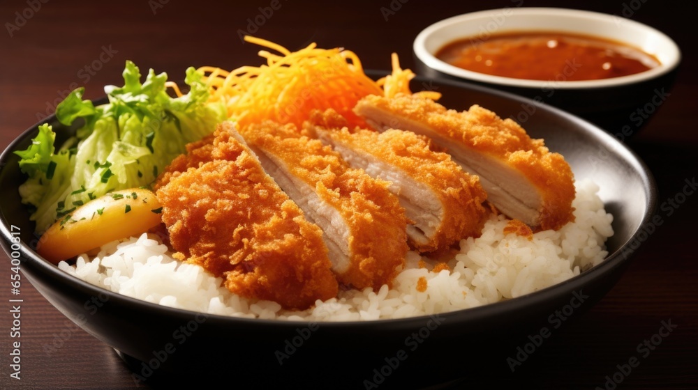 A warm and inviting shot reveals a comforting bowl of katsu curry, where meltinyourmouth pork lets are drenched in a sumptuous curry sauce. The dish promises a satisfyingly rich and flavorful A warm and inviting shot reveals a comforting bowl of katsu curry, where meltinyourmouth pork lets are drenched in a sumptuous curry sauce. The dish promises a satisfyingly rich and flavorful