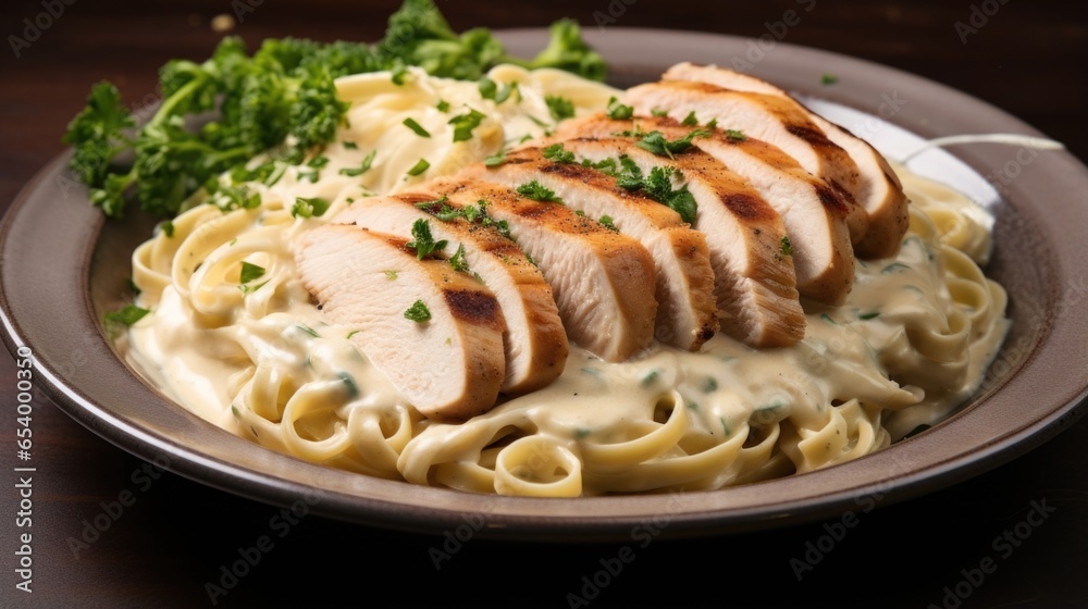 An upclose shot that reveals the exquisite textures of this Chicken Alfredo dish. The pasta appears velvety and smooth, flawlessly coated with a creamy sauce. Succulent chicken morsels are An upclose shot that reveals the exquisite textures of this Chicken Alfredo dish. The pasta appears velvety and smooth, flawlessly coated with a creamy sauce. Succulent chicken morsels are
