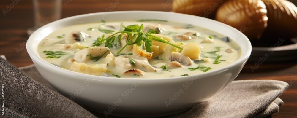 A tantalizing snapshot showcasing a twist on traditional clam chowder, introducing an exotic touch of Thai flavors, as lerass, ginger, and coconut milk meld harmoniously with the tender