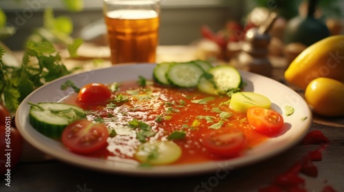 A plate of colorful Spanish gazpacho soup reveals a chilled and refreshing mix of ripe tomatoes, crisp cucumbers, bell peppers, onions, and garlic, all blended together with a splash of