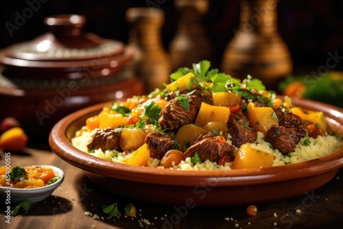 Served on a bed of fluffy couscous, a succulent Moroccan tagine arrives in an earthy clay pot, featuring tender chunks of braised lamb, meltinyourmouth apricots, fragrant herbs, and warming photo