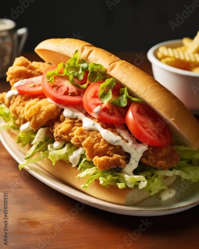 A visually stunning shot of a goldenfried catfish po boy a crusty baguette sandwiching pieces of perfectly battered and fried catfish fillets, topped with tangy remoulade sauce and piled