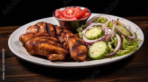 Succulent, juicy chunks of marinated chicken, grilled to perfection and infused with the smoky flavors of traditional Cuban es, served alongside a refreshing side salad of crisp lettuce,
