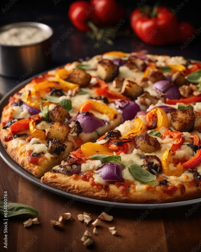 This enticing image captures a crispy and golden glutenfree cauliflower pizza crust, topped with a vibrant medley of freshly roasted vegetables and melted dairyfree cheese, adding a healthy This enticing image captures a crispy and golden glutenfree cauliflower pizza crust, topped with a vibrant medley of freshly roasted vegetables and melted dairyfree cheese, adding a healthy