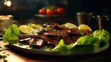 An enticing platter of thinly sliced, marinated beef brisket strips, beautifully grilled to retain their juiciness and enhanced by the rich flavors of the marinade, served with a side of
