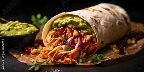 A mouthwatering image of a street taco filled with tender grilled chicken tinga, accompanied by caramelized onions, grilled corn kernels, and a generous dollop of fresh guacamole, all wrapped photo