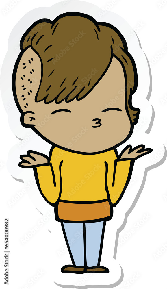 sticker of a cartoon girl shrugging shoulders sticker of a cartoon girl shrugging shoulders