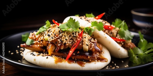 An artistic shot displaying a Bao bun embracing a flavorsome mixture of saut ed mixed mushrooms, delicately sprinkled with sesame seeds, creating an earthy, nutty taste.