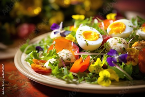 A symphony of colors unfolds in this shot, featuring a vibrant salad bursting with fresh vegetables and topped with delectably poached quail eggs. The eggs runny yolks serve as a luscious photo