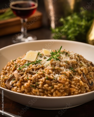 A closeup shot of a steaming bowl of farro risotto, cooked to perfection. The ancient grain absorbs the flavors of the saut ed onions, garlic, and mushrooms, resulting in a rich and creamy photo