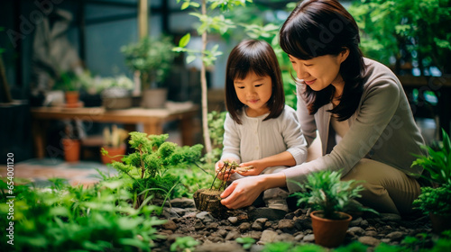 Sustainable education Asian daughter and mother cultivating plants future green