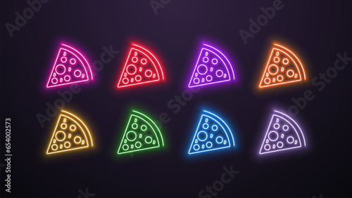 A set of neon pizza slice icons in colors, blue, orange, yellow, green, red, purple, pink and white on a dark background.