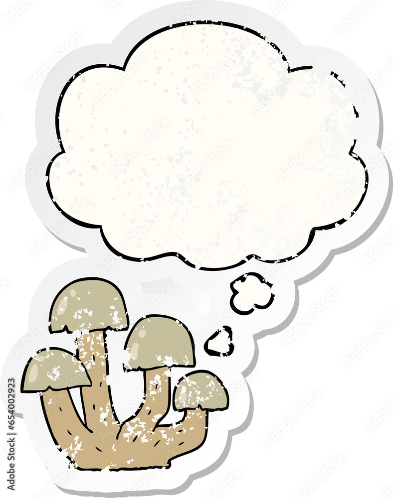 cartoon mushroom with thought bubble as a distressed worn sticker cartoon mushroom with thought bubble as a distressed worn sticker