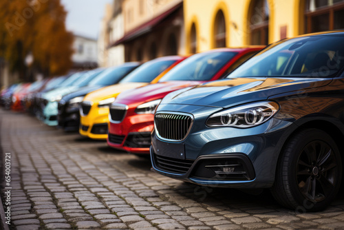 Line of cars of different colors for sale. Dealership