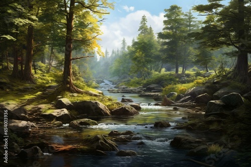 a scenic view of woods and a river. Generative AI