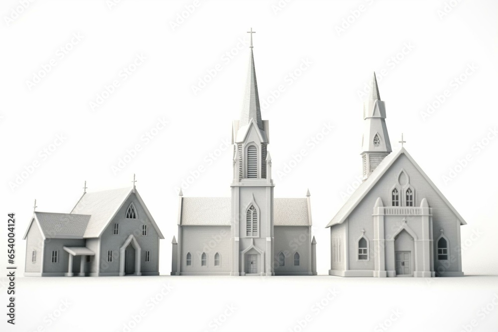 3D-rendered Protestant and Catholic churches against a white background. Generative AI