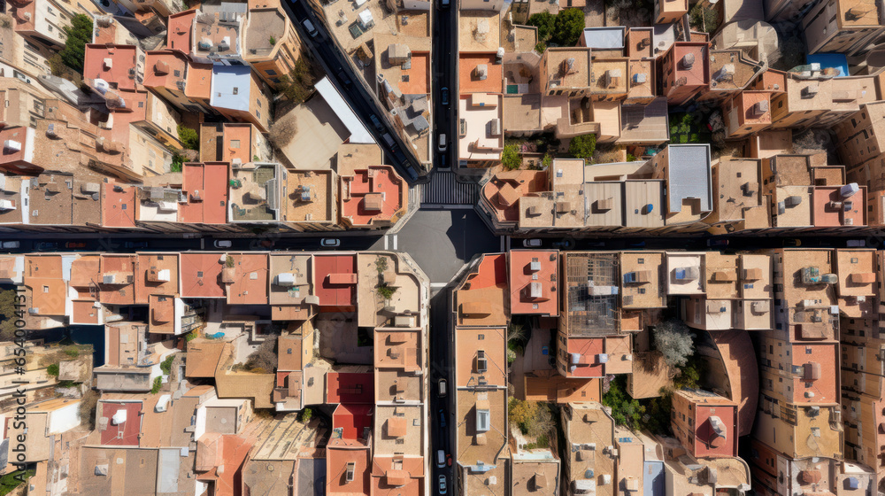 Aerial view of on tiled roofs of Mediterranean city