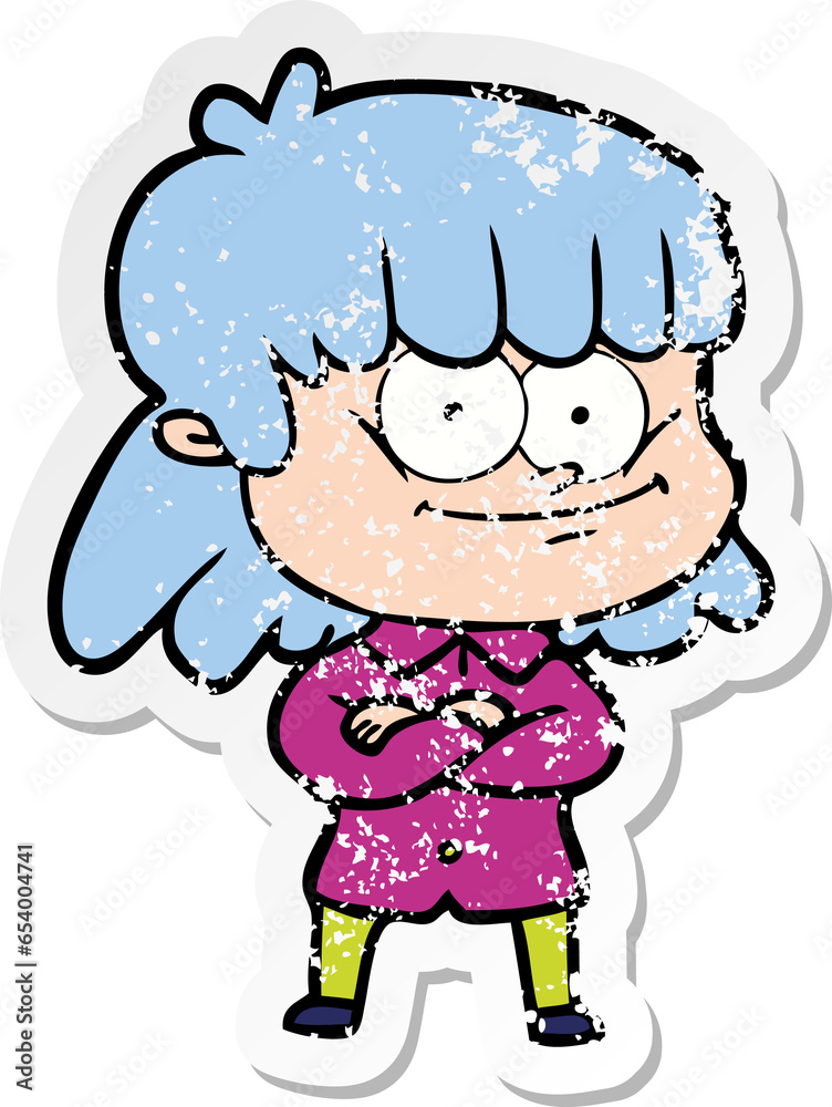 distressed sticker of a cartoon smiling woman distressed sticker of a cartoon smiling woman