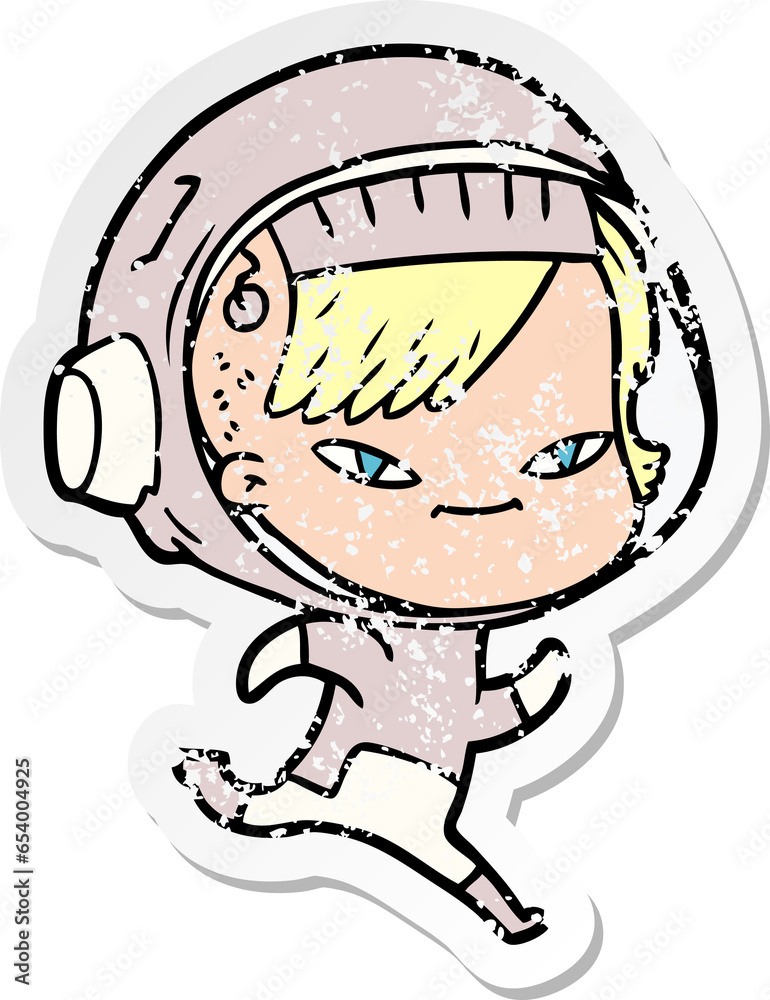 distressed sticker of a cartoon astronaut woman