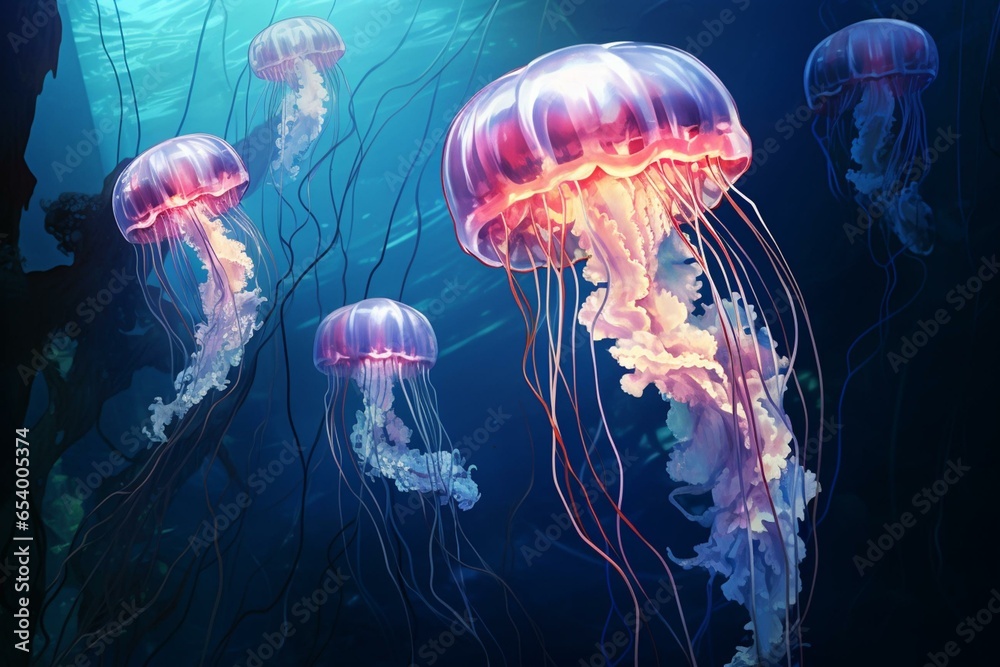 Multiple jellyfish swimming ocean water. Generative AI