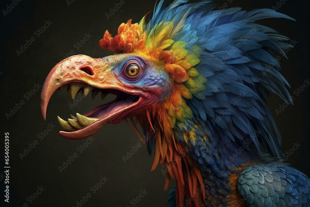 A colorful creature with a beak, plume, and sharp fangs against a plain backdrop. Generative AI