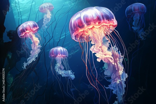 Multiple jellyfish swimming ocean water. Generative AI © Cecilia