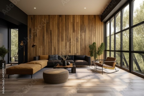 contemporary room with wood decor. Generative AI