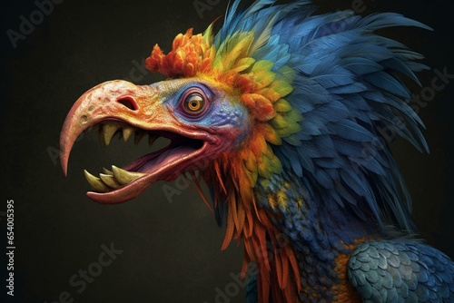 A colorful creature with a beak, plume, and sharp fangs against a plain backdrop. Generative AI